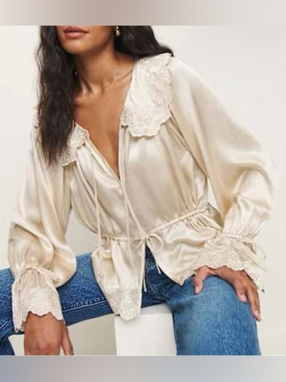 Reformation x Kacey Musgraves Lillie Eyelet Champagne Silk Blouse Small - Picture 2 of 9